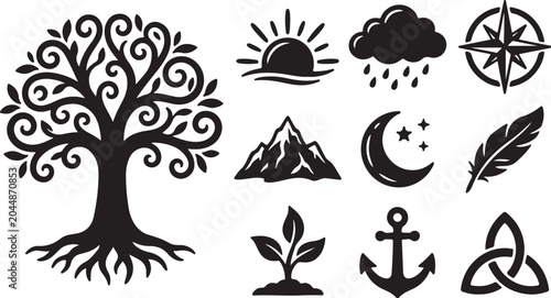 Black Silhouette Tree and Nature Symbols Collection