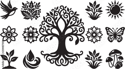 Black and white tree of life icons set