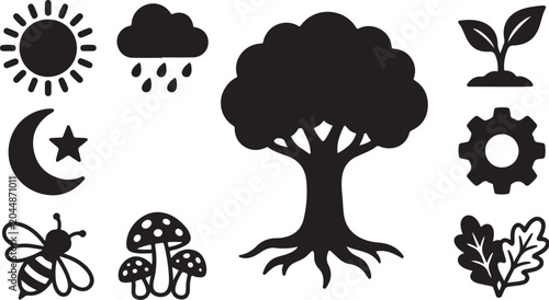 Nature Icons and Symbols in Black Silhouette Style