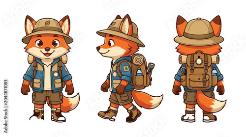 Cute cartoon fox explorer with safari hat and backpack. Front, side, back views. Ideal for nature and adventure designs