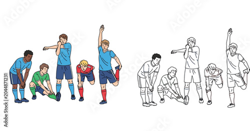 Photos Group of soccer players stretching and warming up before a game, multi-ethnic football team athletes exercising, set of color and line art vector illustrations for sports and fitness
