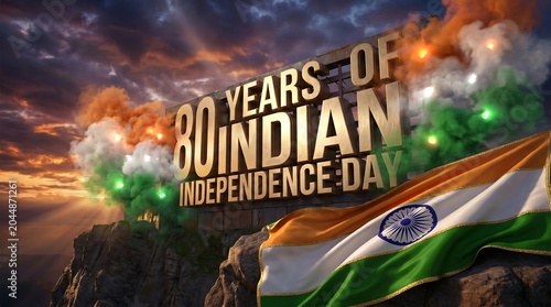 Eighty years of indian independence day celebration with flag and smoke