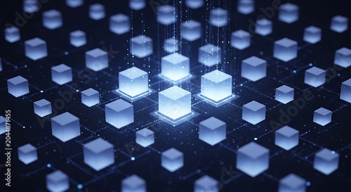 Glowing digital cubes in space technology.