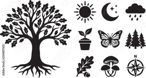 Tree of Life with Nature Symbols Silhouette Illustration