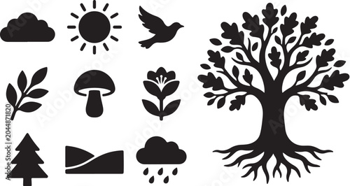 Nature Icons Set with Tree and Weather Symbols