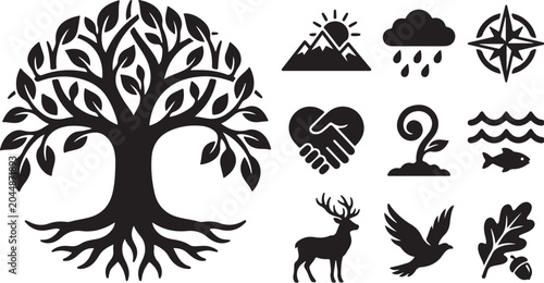 Nature Symbols and Icons in Black Silhouette Style
