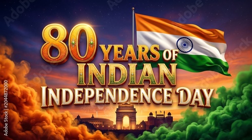 Eighty 80 years of indian independence day celebration with flag and gate