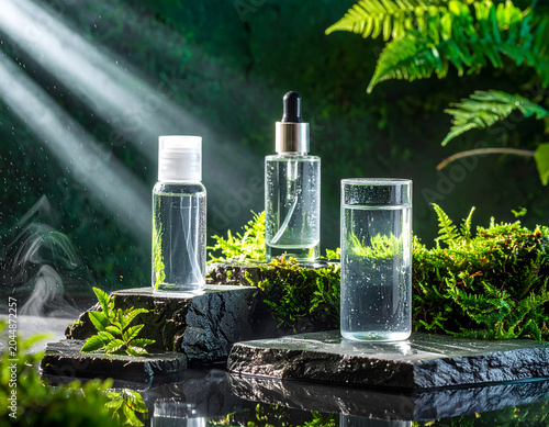 Botanical Glass Skincare: Botanical beauty three glass bottles and clear cup containing clear liquid sit dark stones surrounded by lush green foliage, evoking freshness