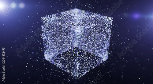 Glowing digital shield in space.