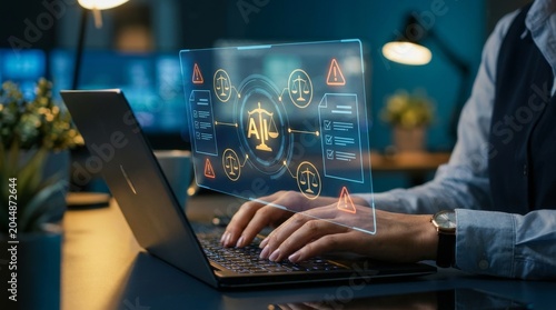 Artificial intelligence and law concept. Businessman working on laptop with icons of AI regulation, policy, ethics, and legal risk. law policy compliance and risk assessment workflow