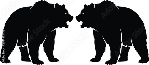 Cuadro en lienzo Two angry grizzly bears fighting silhouette vector icon, roaring wildlife predat