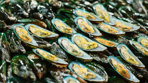Tableau sur toile Closeup of fresh green mussels displayed for sale at seafood market in Thailand
