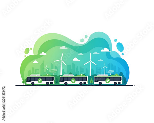 Eco Friendly Electric Bus Fleet Operating on Renewable Energy with Wind Turbines and Solar Panels in Sustainable Smart City, Green Public Transport Vector Illustration