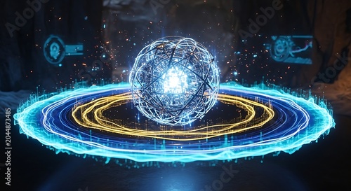 Glowing neon orb with blue rings.