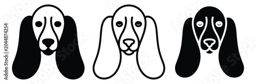 Foto Three basset hound dog face icons in black and white line art style for design a