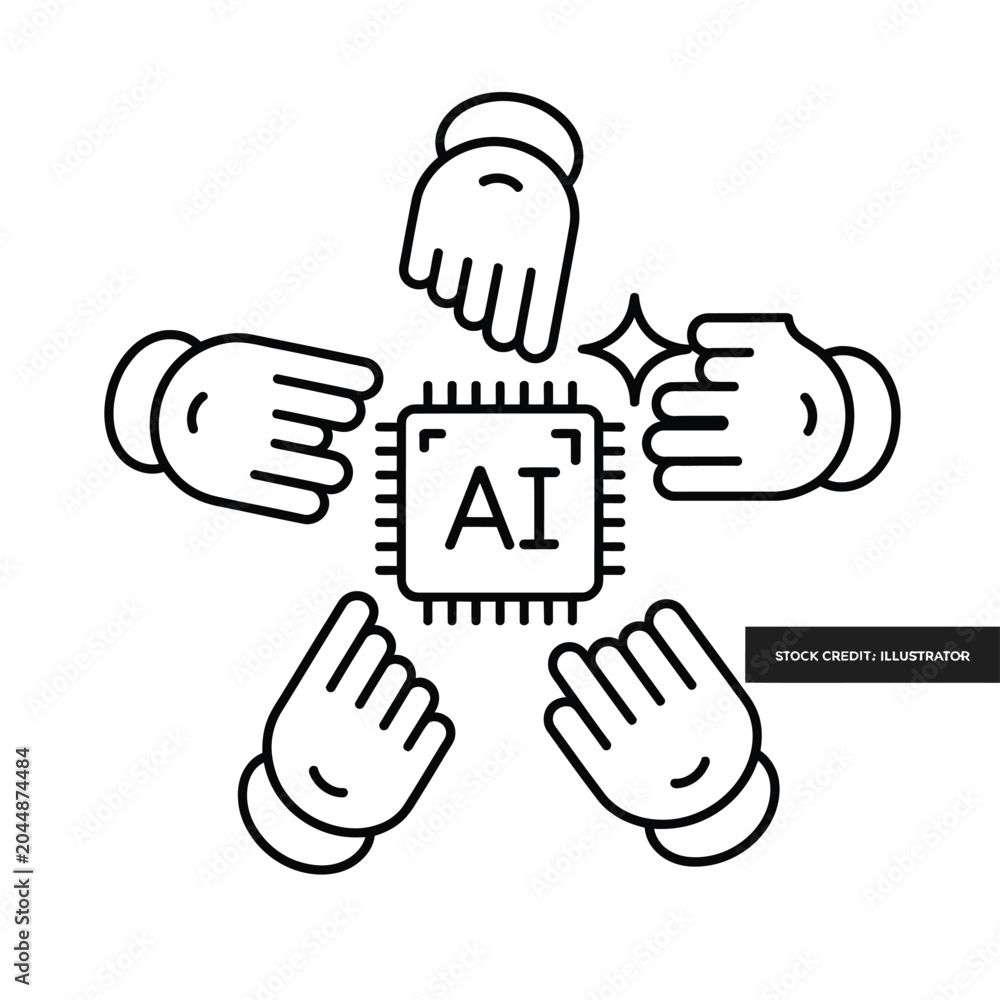 Obraz premium AI Technology Cooperation Concept Human Hands Around Processor Line Icon Vector
