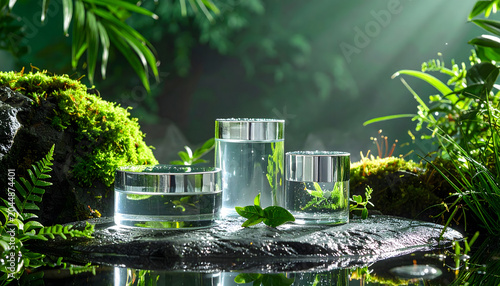 Botanical Glass Skincare: Serene nature scene with glass containers of clear liquid nestled among lush green foliage and mossy rocks, evoking purity and freshness