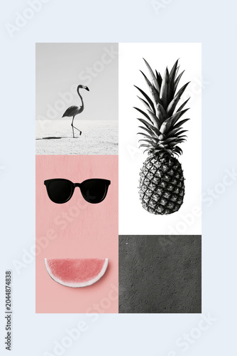 Creative collage showing a flamingo, pineapple, sunglasses, and watermelon on a light background