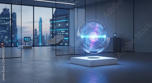 Glowing orb in modern city space.