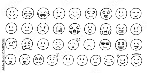 Hand drawn smiley faces and emotion expression icon set