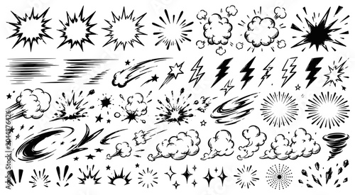 Hand Drawn Comic Explosion Bursts, Speed Lines, Lightning Bolts, Starburst and Energy Doodles Collection
