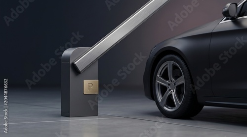 Modern automatic parking barrier gate arm lifting for luxury vehicle entrance in a sleek minimalist underground garage setting