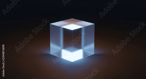 Glowing transparent cube on dark background.