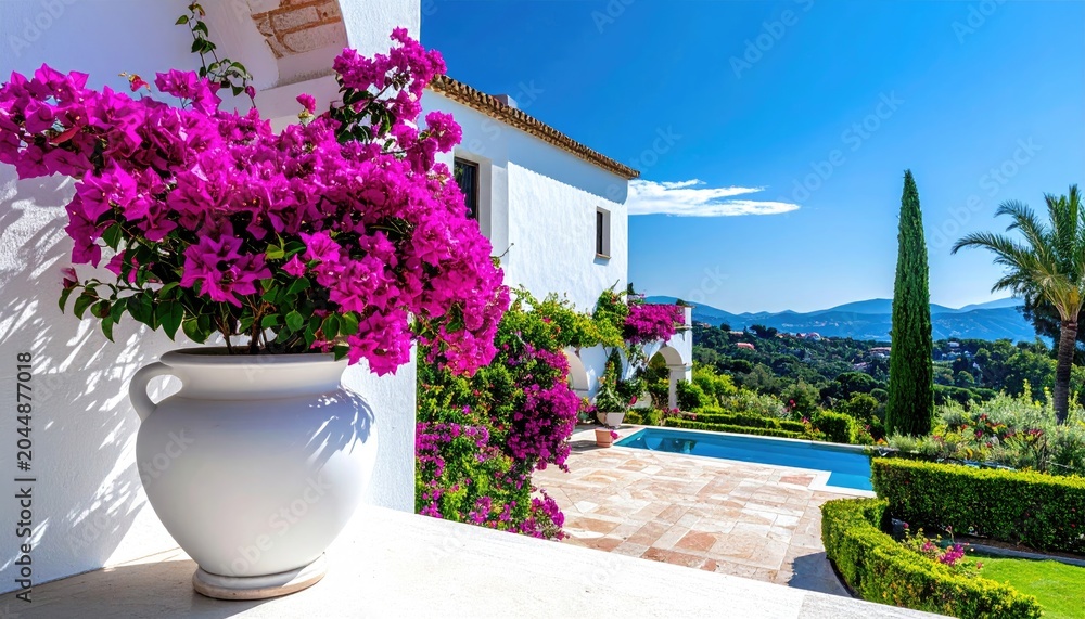 Fototapeta premium Vibrant magenta flowers adorn a pristine white villa overlooking a scenic coastal vista