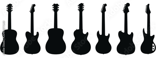 Musical Guitar icon collection, Acoustic and Electric Guitar silhouettes in clean vector style for Music symbols, Entertainment and Band Branding design.