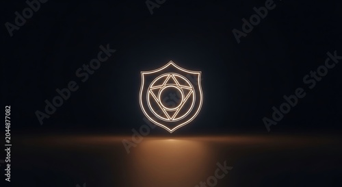 Glowing shield logo with star design.