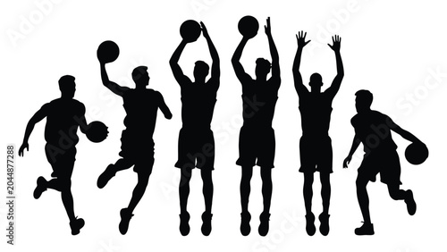 Tableau sur toile Basketball players silhouette group showcases various dribbling and shooting poses during a match