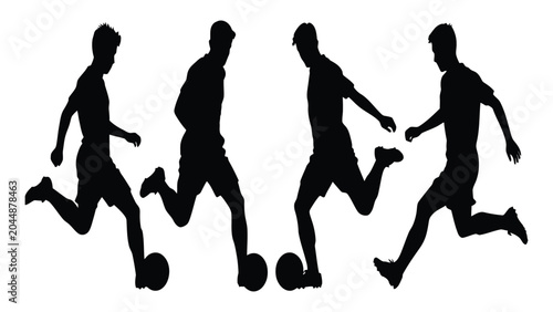 Fotografía Soccer players silhouette in various kicking motions represent a team match in progress