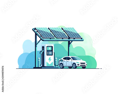 Electric Vehicle Charging Station Powered by Solar Panel Canopy, Eco Friendly EV Car and Renewable Green Energy Concept Flat Vector Illustration on Abstract Nature Background