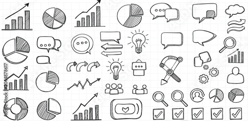 Hand Drawn Business and Marketing Doodle Icon Collection Featuring Analytics Charts, Communication Symbols, Growth Metrics, and Productivity Elements for Creative Design Projects