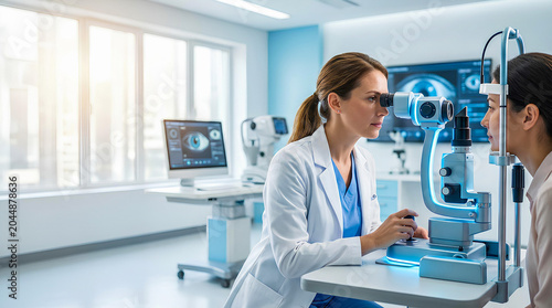 Professional female ophthalmologist checking patient's vision with slit lamp in modern clinic