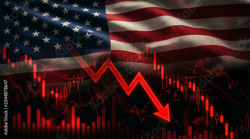 USA Stock Market Crash with Falling Red Arrow and Economic Recession Concept. American Stock Market Crash and Economic Recession. American flag with falling red arrow.