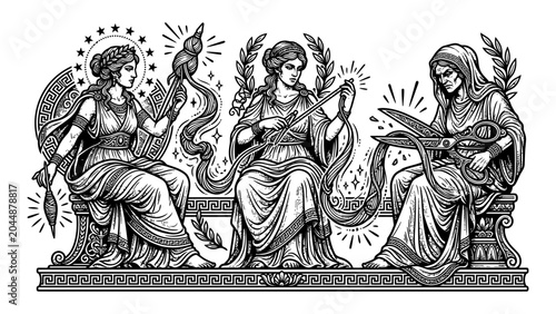 Greek mythology Moirai illustration featuring the Three Fates spinning measuring and cutting the thread of life in black and white woodcut style