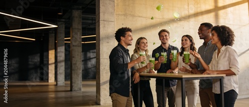 Diverse group of young professionals enjoying healthy green smoothies in a modern industrial office