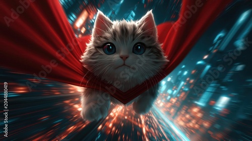 Cat Superhero Flowing Red Cape Dramatic Style