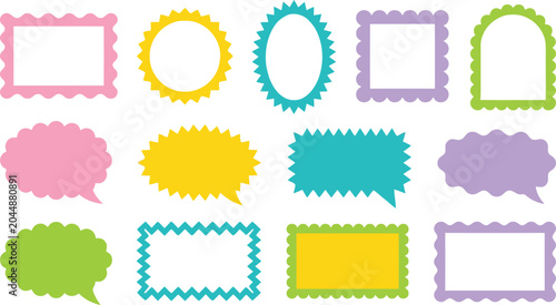 Colorful speech bubbles and decorative frames set featuring various geometric shapes with wavy zigzag and scalloped borders for creative design