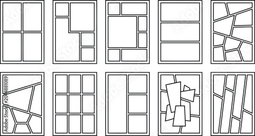 Comic book page layout templates featuring various rectangular panels and dynamic geometric shapes for professional storytelling and graphic novel design