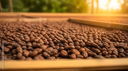 Raw cacao beans meticulously sun-drying on a traditional wooden bed, a crucial stage in chocolate and cocoa product creation