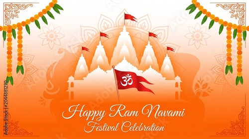 Indian traditional Happy Ram Navami festival card with temple and flag