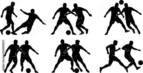 Fotografía Set of black silhouettes showing soccer players in various action poses with a ball
