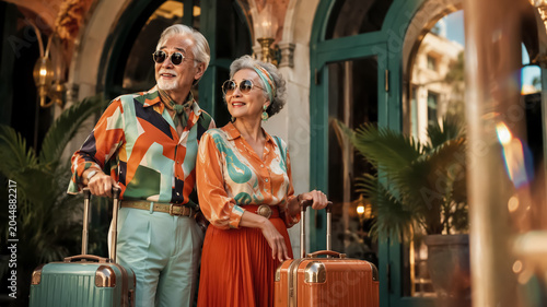 Senior couple with luggage enjoying luxury vacation in front of elegant hotel. Smiling senior couple with suitcases in front of exclusive accommodation during a leisure trip in a sophisticated tourist
