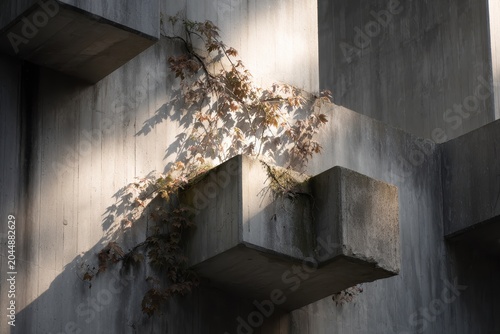 Modern Concrete Building with Small Attached Balcony and Autumn Foliage