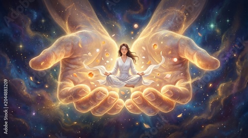 Woman meditating in lotus pose inside giant glowing hands in space universe support and inner harmony concept