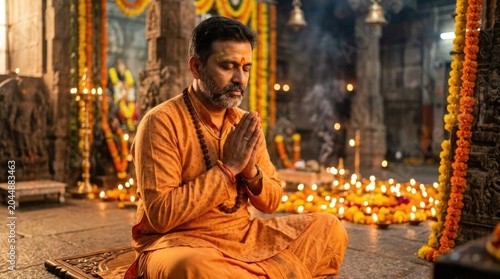 Hindu Worshipper in Traditional Orange Clothing Practicing Spiritual Devotion at Temple