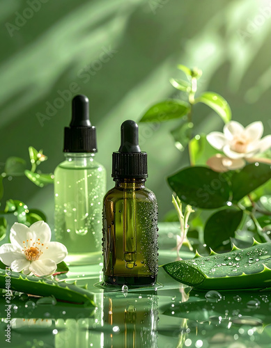 Botanical Glass Skincare: Two glass dropper bottles with cosmetic serum surrounded by fresh green leaves, water droplets, and delicate white flowers, conveying sense
