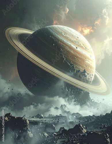A gas giant planet with a prominent ring system floats above a desolate, rocky landscape under a turbulent, cloudy sky